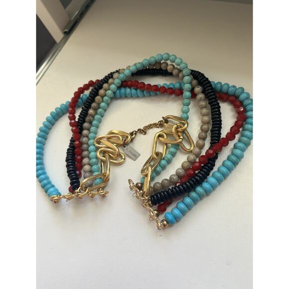 K. Amato Five Strand Beaded Necklace Black & Burgundy Blue Howlite Gold Necklace - Picture 6 of 8